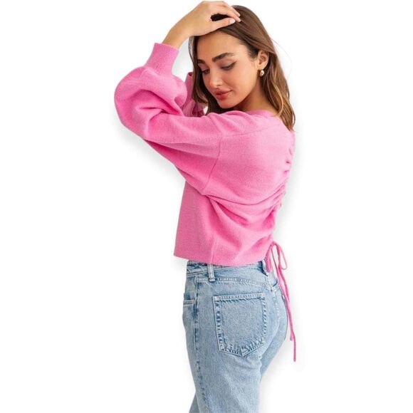 Le Lis Sweater NWT Pink Fuzzy Puff Sleeve Cinched Back Size Small - Picture 6 of 9